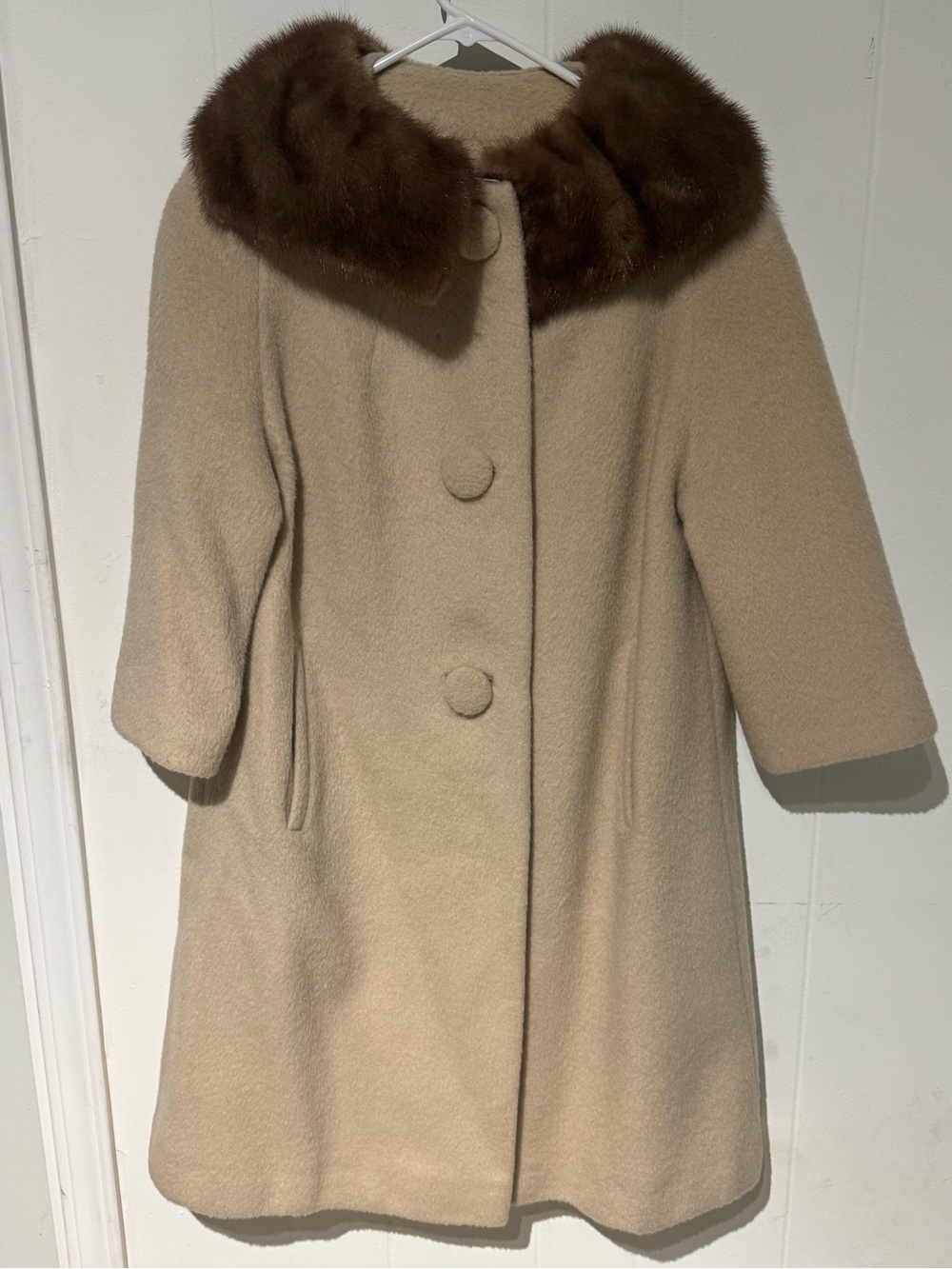 Women's Cream Wool Pea Coat with Brown Fur Collar